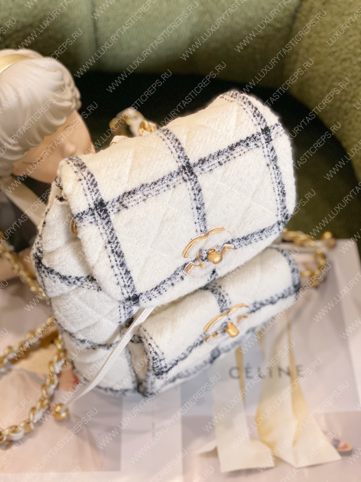 Ch*el backpack wool tweeted white & grey as3615