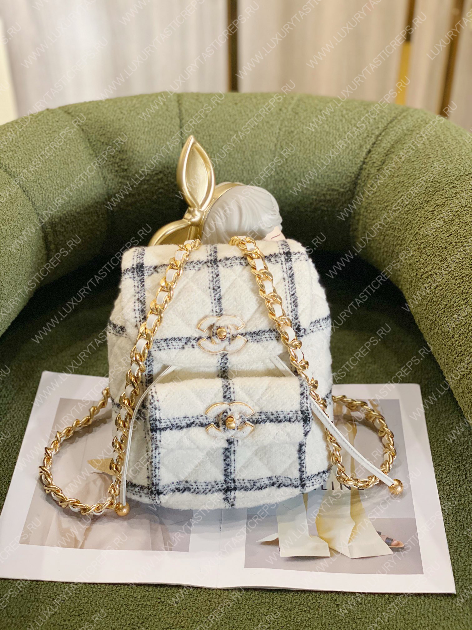 Ch*el backpack wool tweeted white & grey as3615