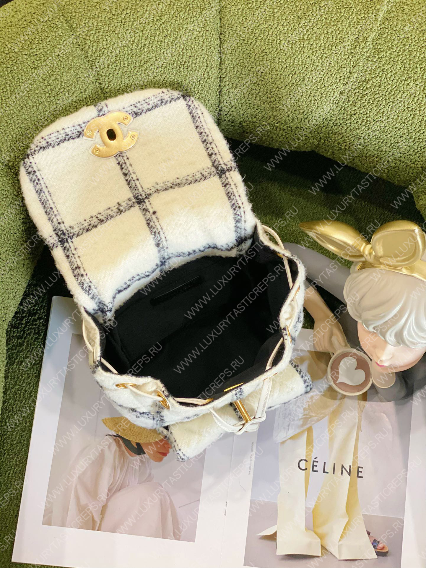 Ch*el backpack wool tweeted white & grey as3615