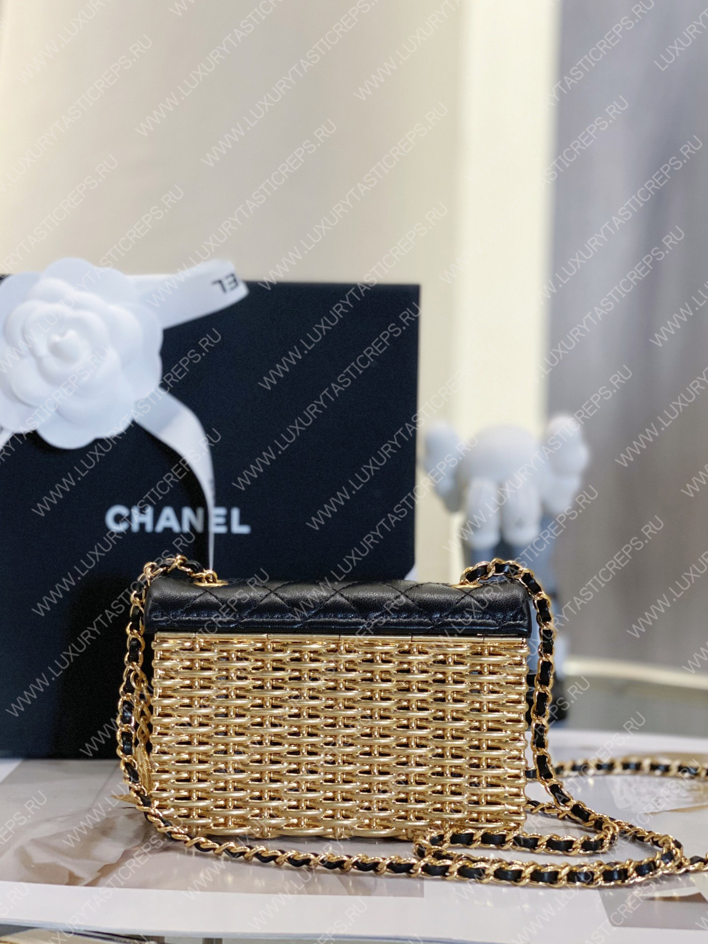 Ch*el small evening bag black & gold as3713