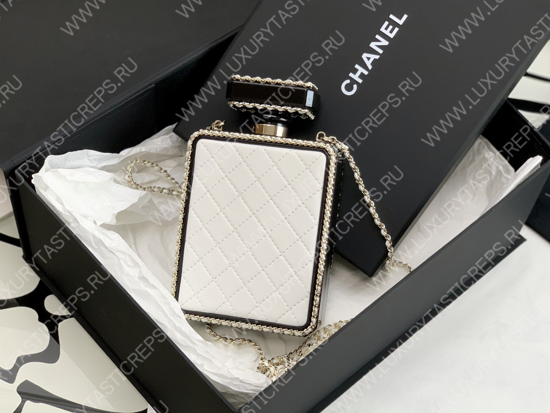 Ch*el evening clutch perfume bottle bag metal white as3246