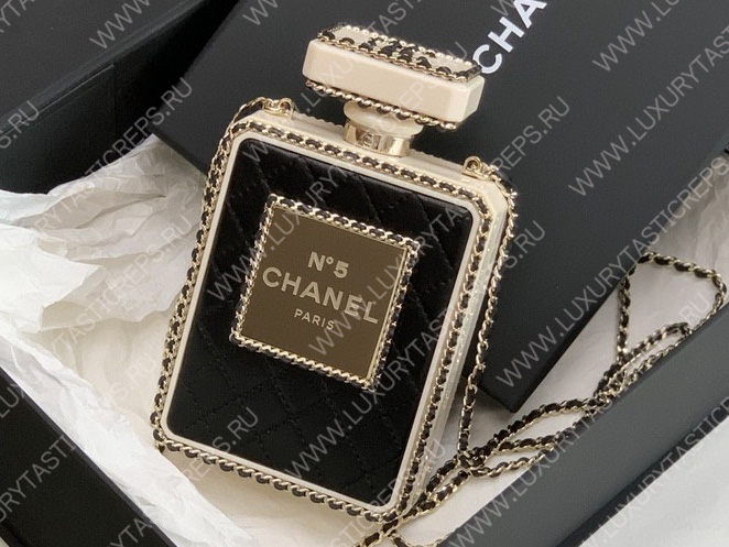 Ch*el evening clutch perfume bottle bag metal black as3246
