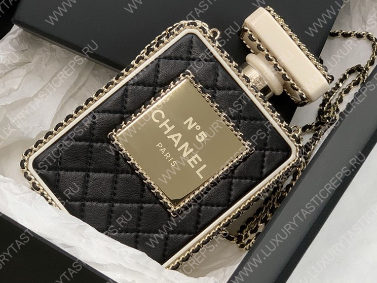 Ch*el evening clutch perfume bottle bag metal black as3246