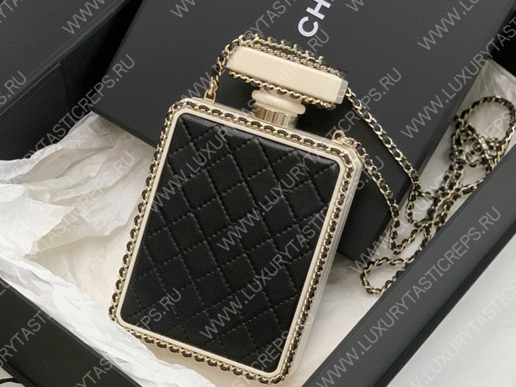 Ch*el evening clutch perfume bottle bag metal black as3246