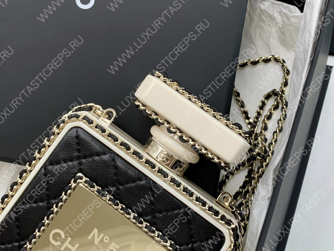 Ch*el evening clutch perfume bottle bag metal black as3246