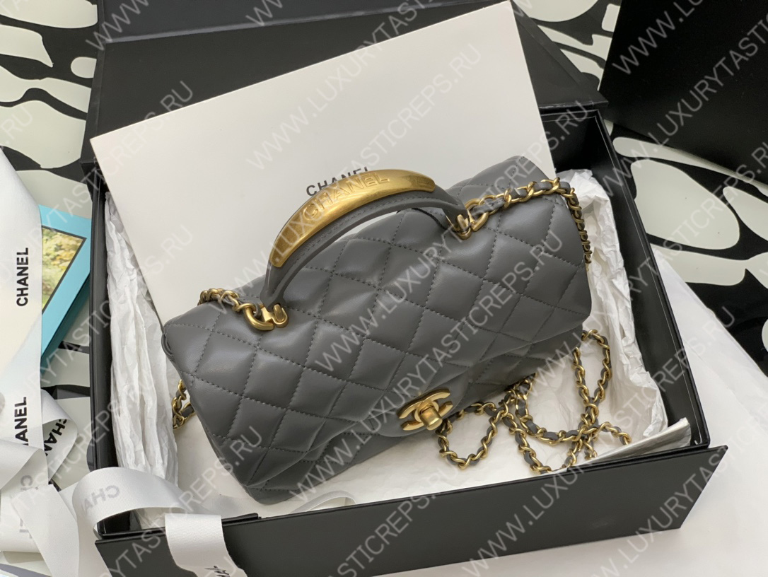 Ch*el mini flap bag with top handle grey as2431