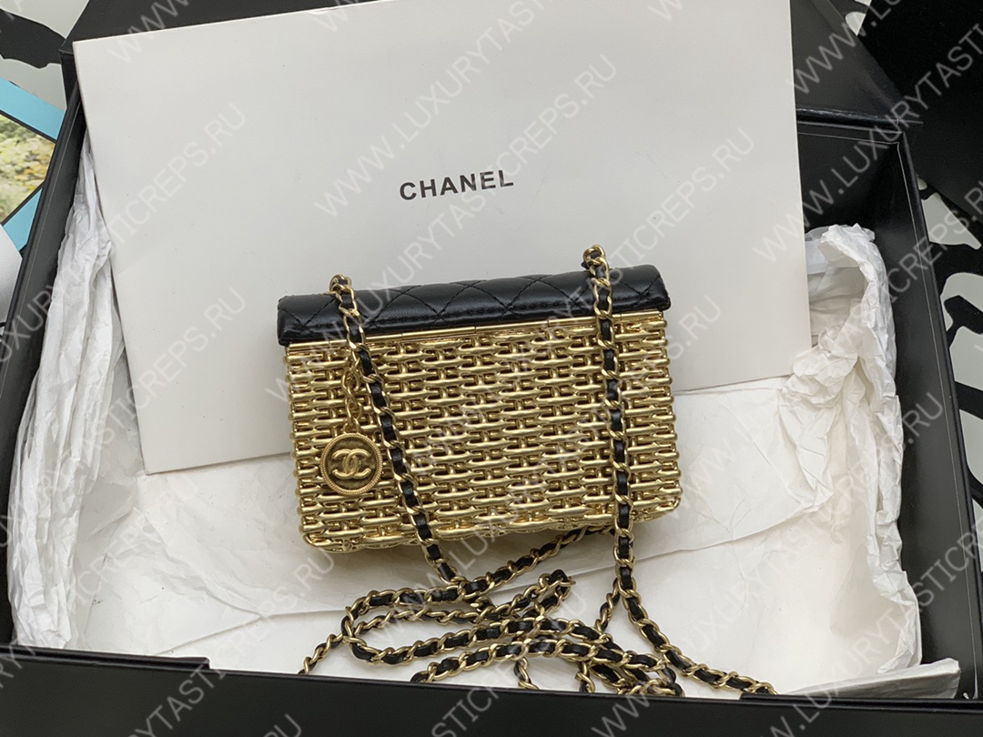 Ch*el mini evening bag black & gold as3714