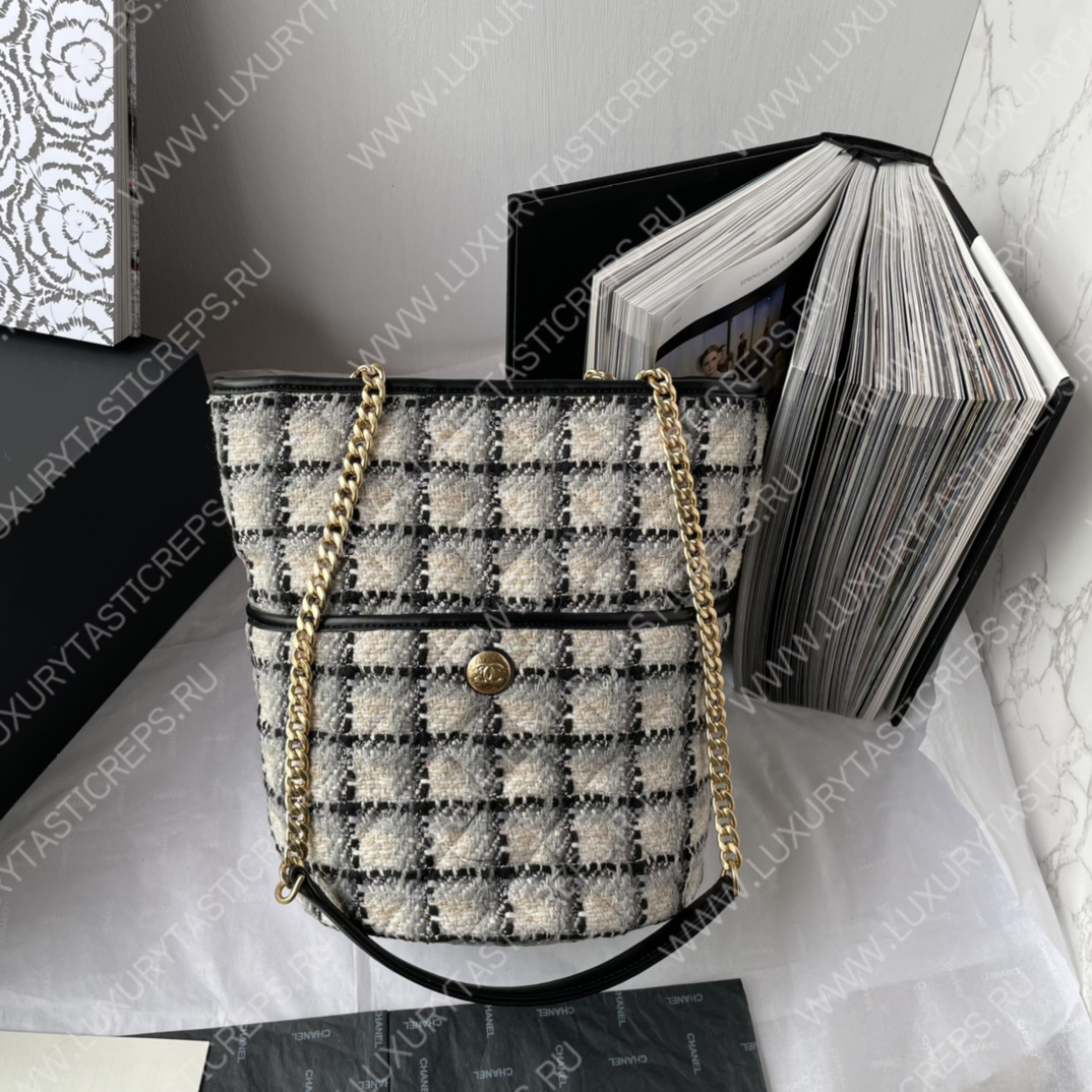 Ch*el hobo tote bag ecru, gray, beige and black as3598