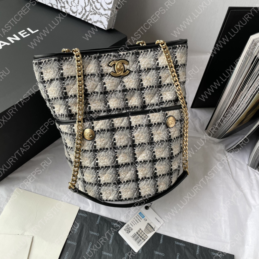 Ch*el hobo tote bag ecru, gray, beige and black as3598