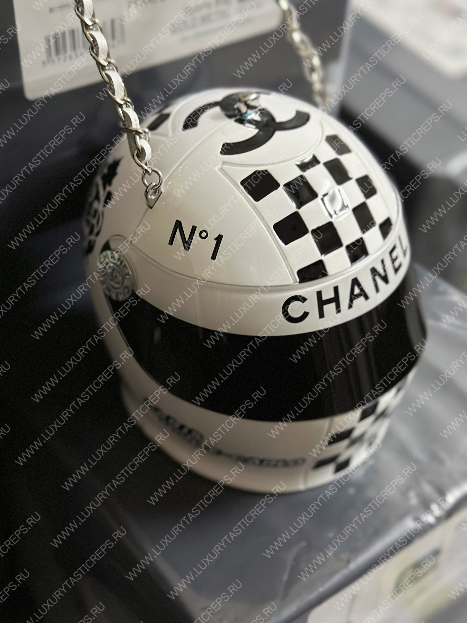 Ch*el helmet minaudiere white & black as3774
