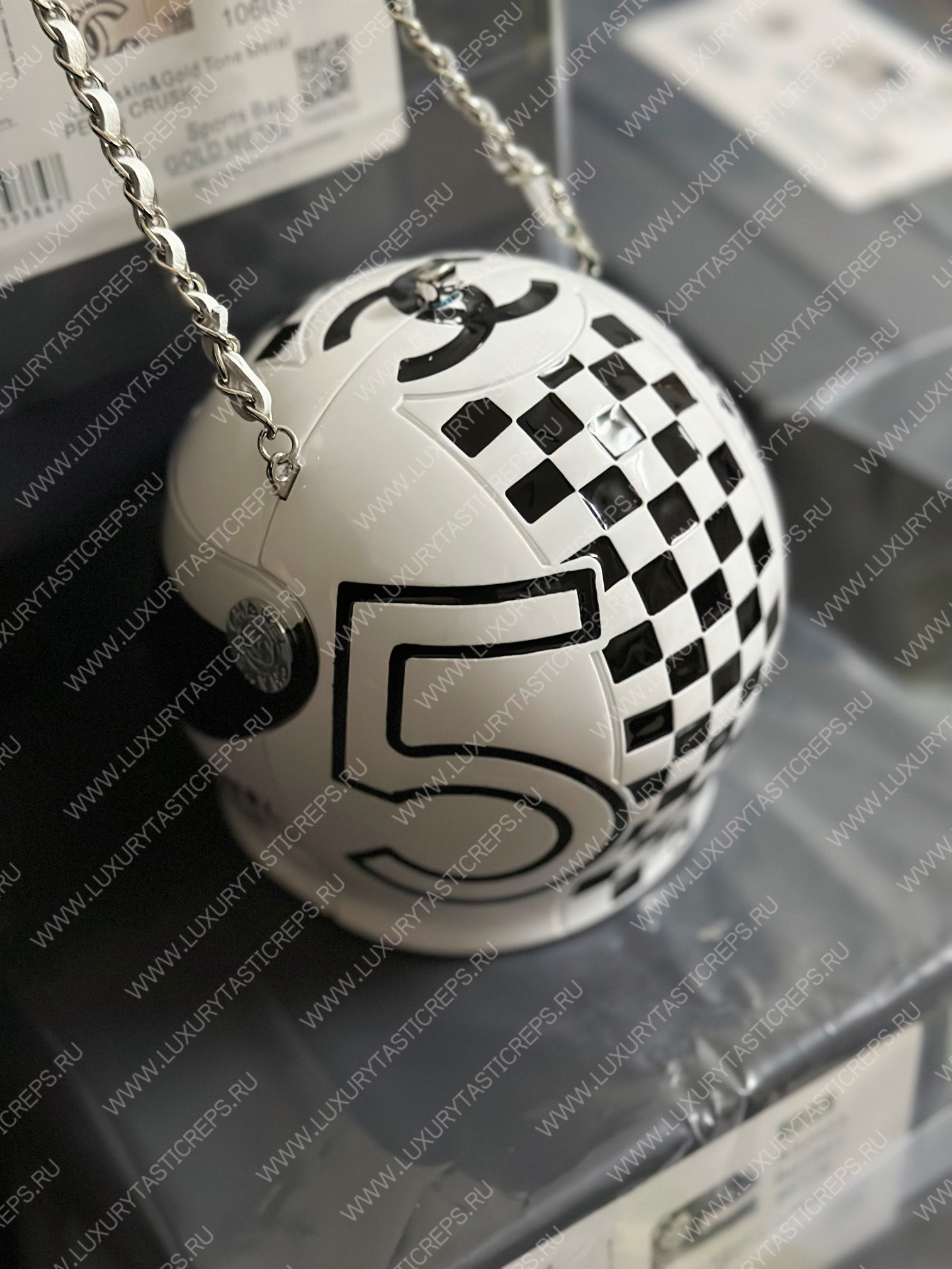 Ch*el helmet minaudiere white & black as3774