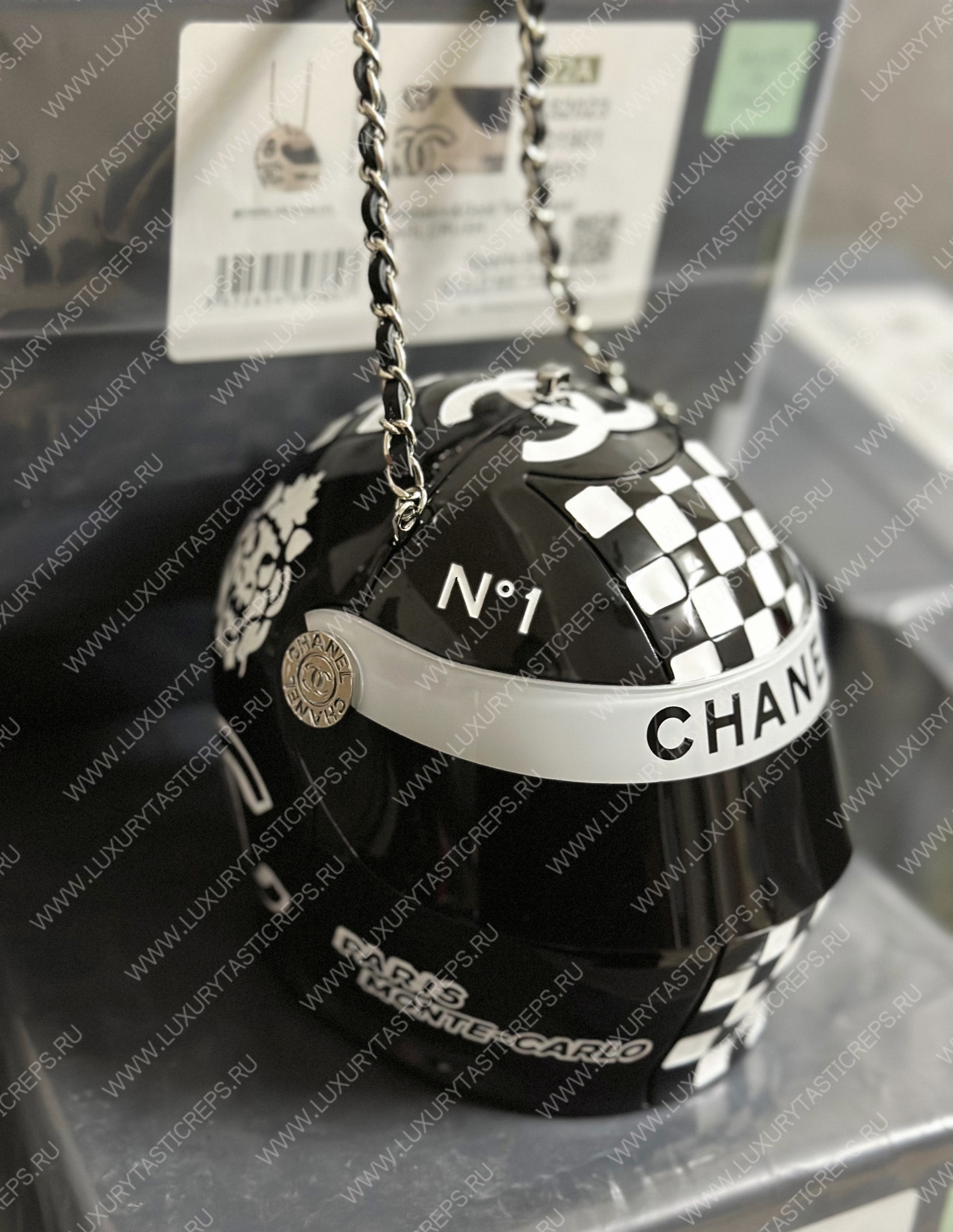 Ch*el helmet minaudiere black & white as3774