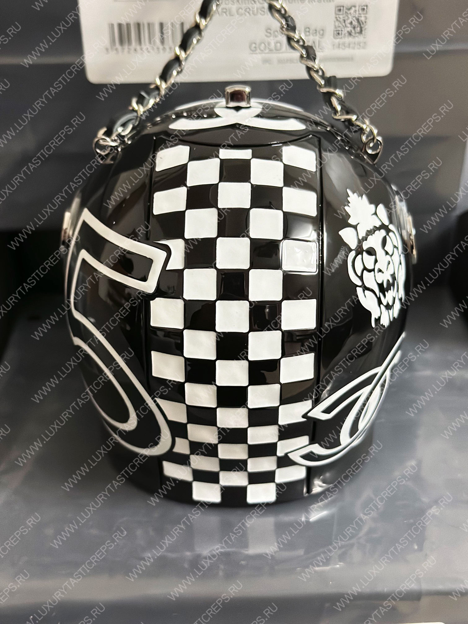 Ch*el helmet minaudiere black & white as3774