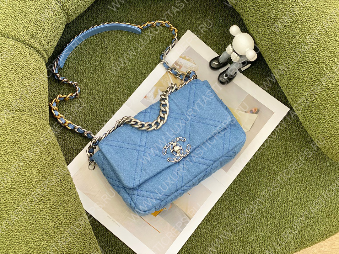 Ch*el 19 denim hand bag blue as1161