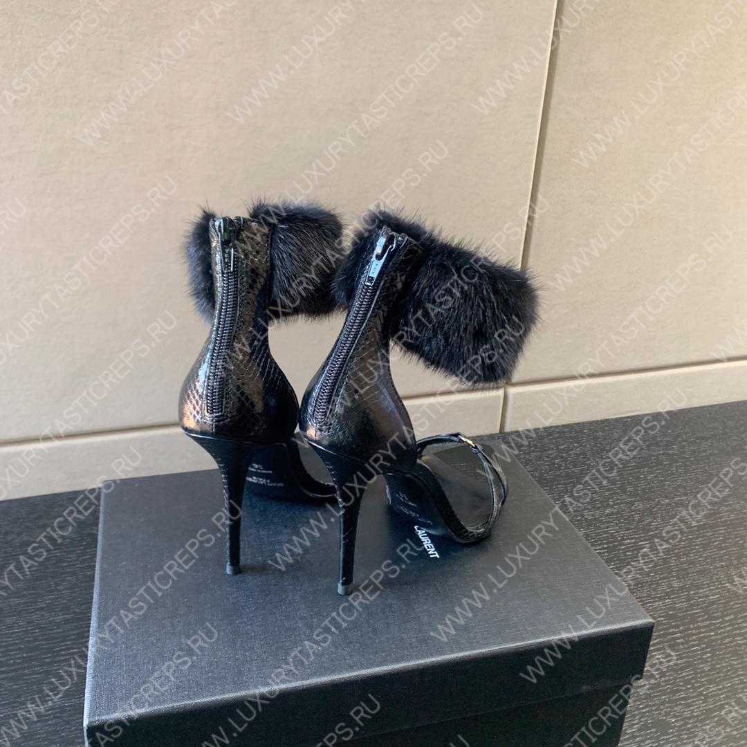 YVES SAINT LAURENT FAUX FUR-CUFF SANDALS BLACK BGS21