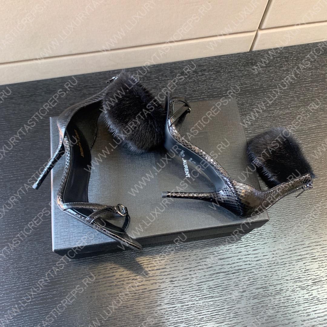 YVES SAINT LAURENT FAUX FUR-CUFF SANDALS BLACK BGS21