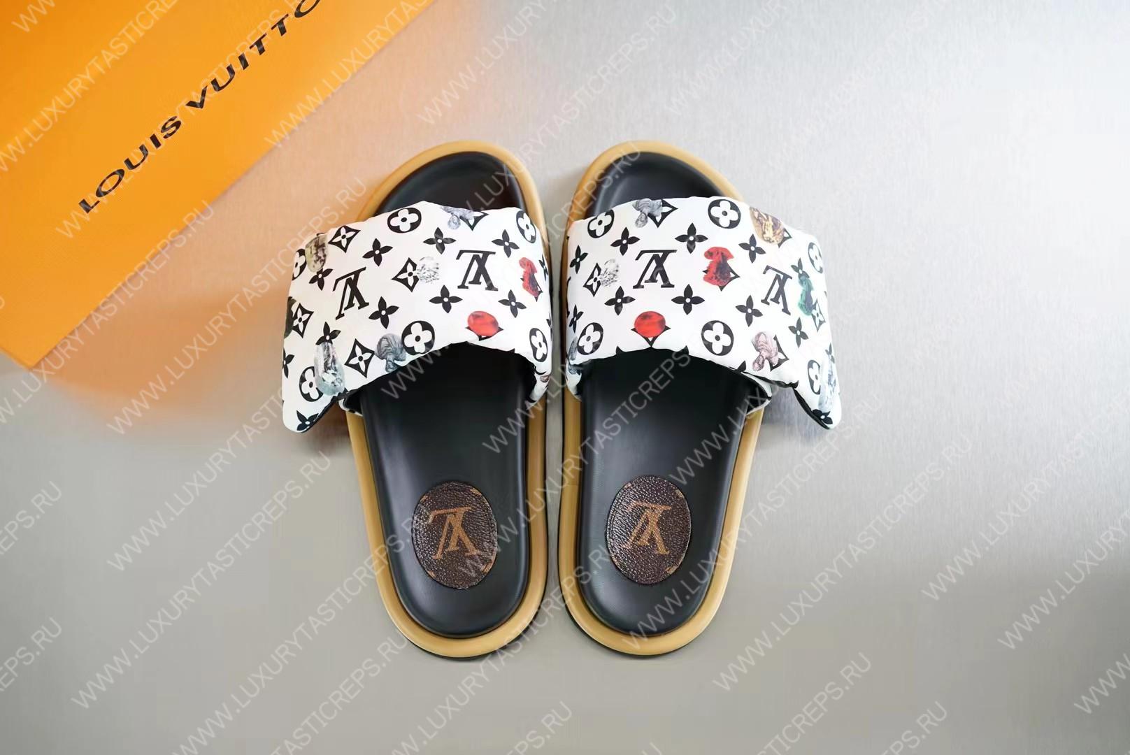 l**is V*t*n pool pillow flat comfort mules black and white 261374