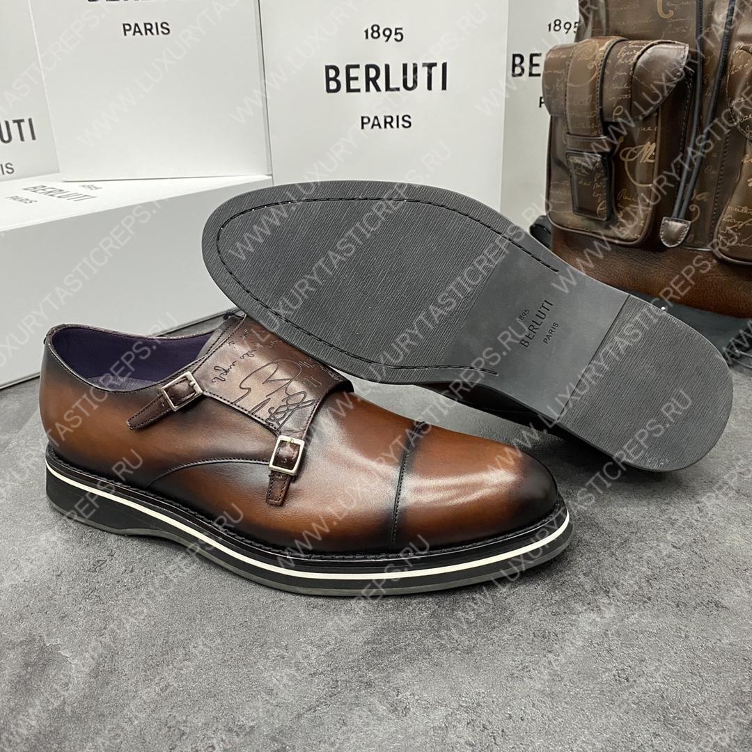 BERLUTI ALESSIO PADOVA SCRITTO LEATHER DOUBLE MONK SHOE BROWN S5527