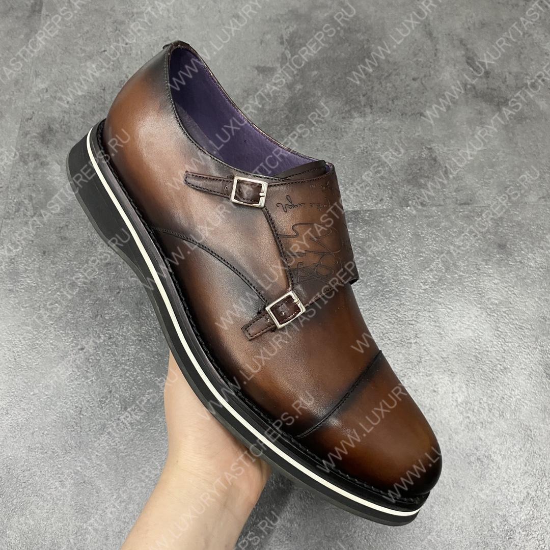 BERLUTI ALESSIO PADOVA SCRITTO LEATHER DOUBLE MONK SHOE BROWN S5527