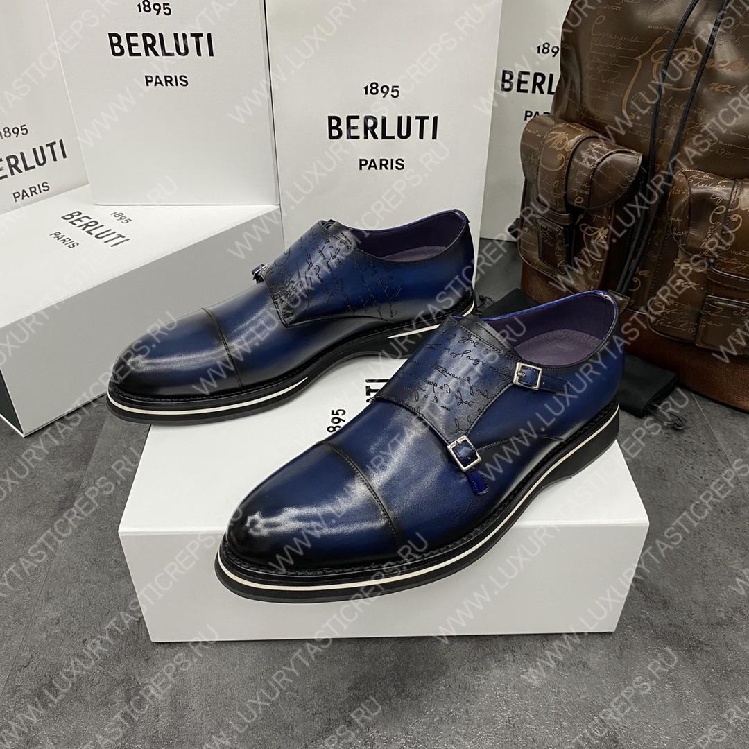 BERLUTI ALESSIO PADOVA SCRITTO LEATHER DOUBLE MONK SHOE BLUE S5527