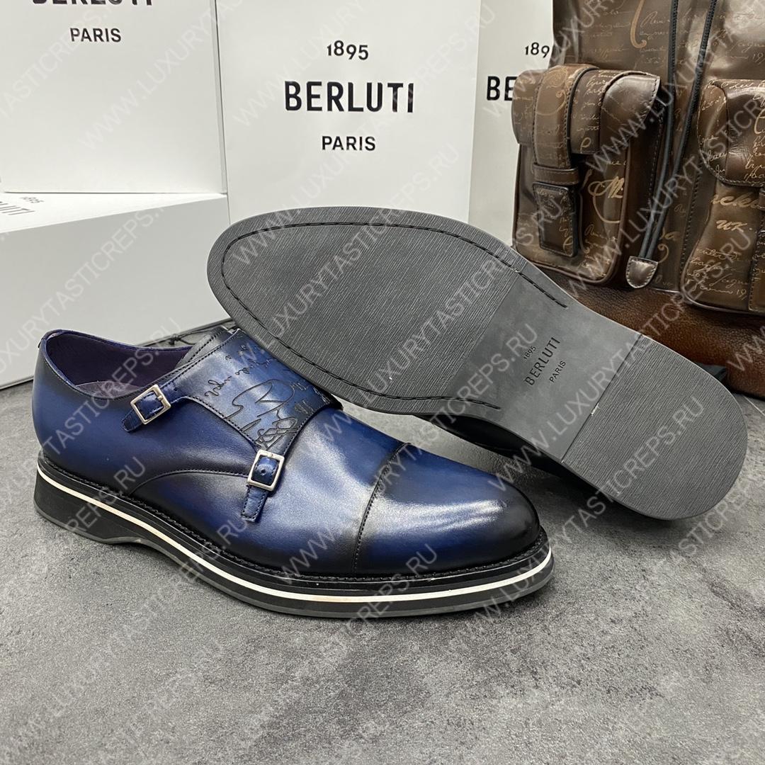 BERLUTI ALESSIO PADOVA SCRITTO LEATHER DOUBLE MONK SHOE BLUE S5527