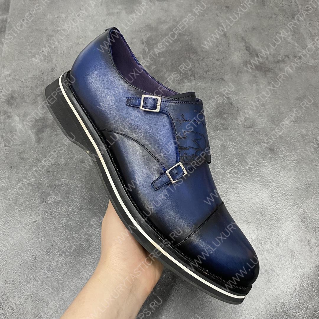 BERLUTI ALESSIO PADOVA SCRITTO LEATHER DOUBLE MONK SHOE BLUE S5527