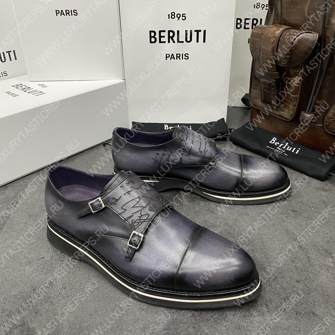 BERLUTI ALESSIO PADOVA SCRITTO LEATHER DOUBLE MONK SHOE GREY S5527