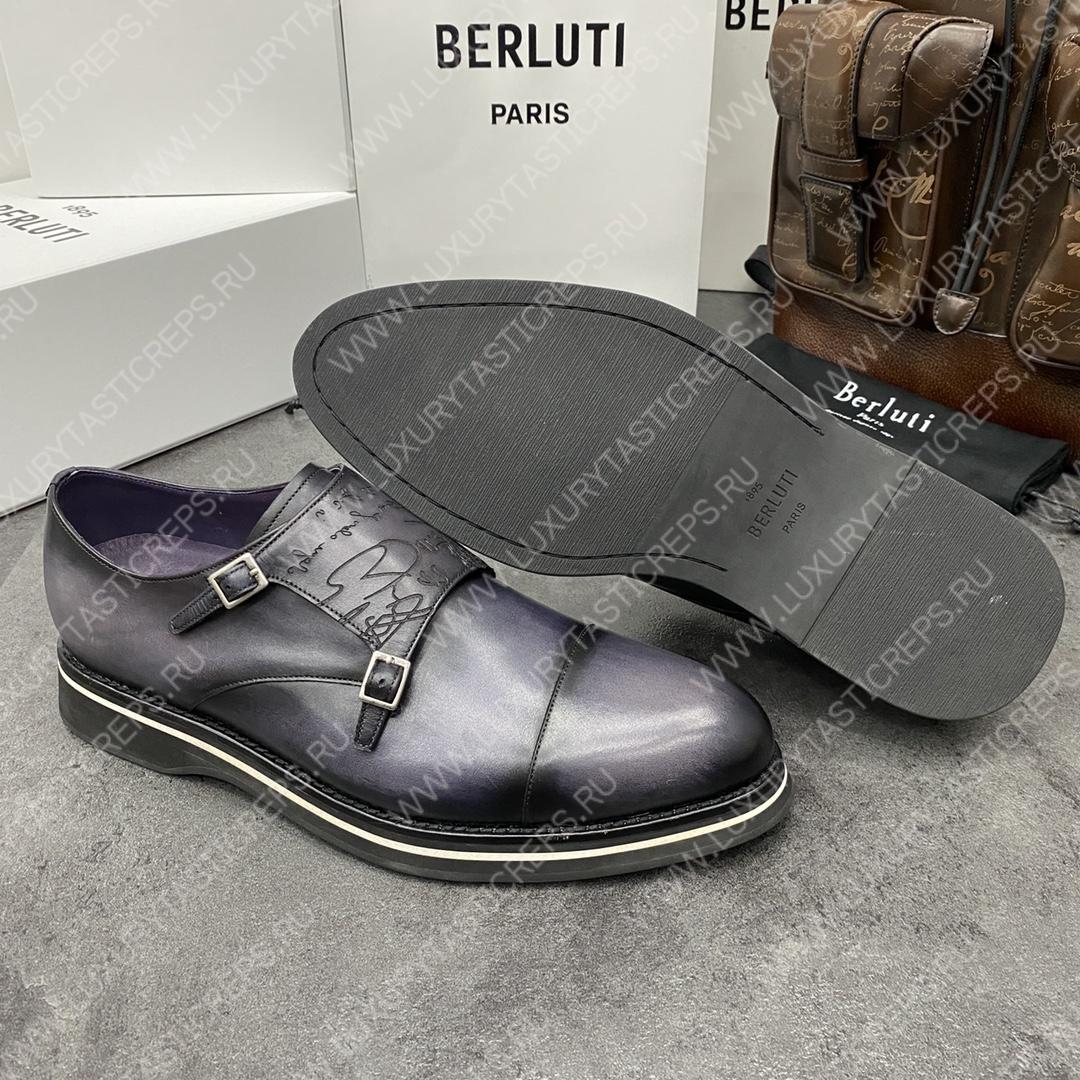 BERLUTI ALESSIO PADOVA SCRITTO LEATHER DOUBLE MONK SHOE GREY S5527