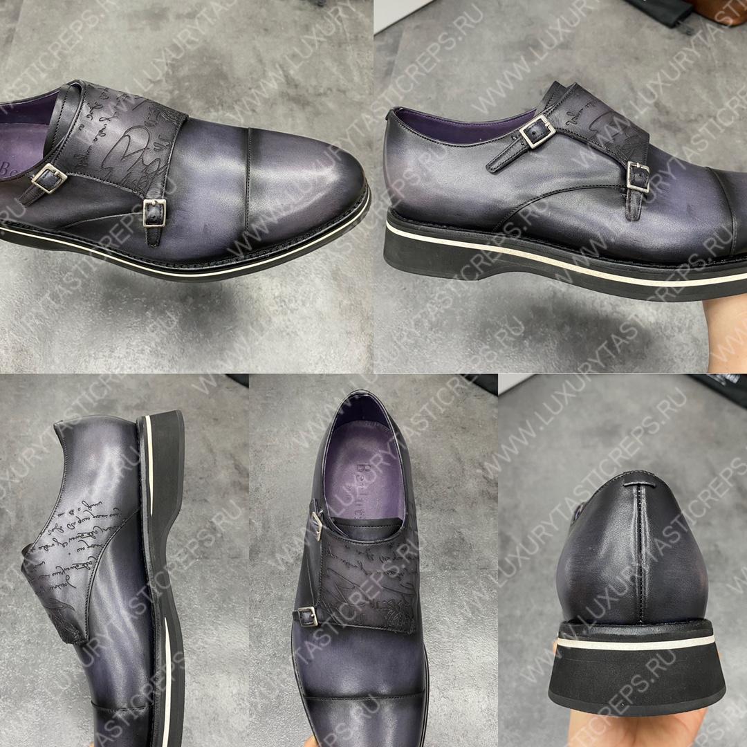 BERLUTI ALESSIO PADOVA SCRITTO LEATHER DOUBLE MONK SHOE GREY S5527