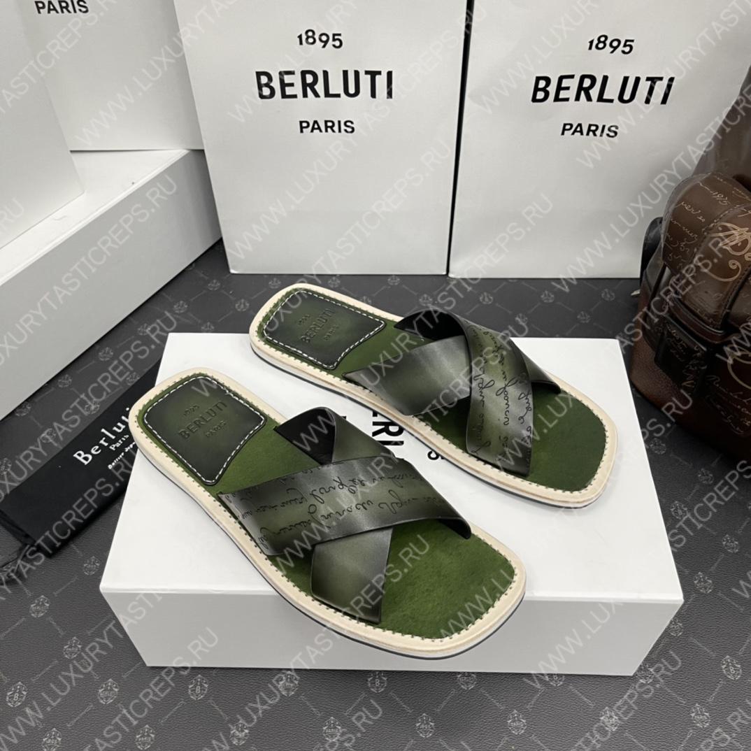 BERLUTI ELIO PATMOS LEATHER SANDALS OLIVE 811572
