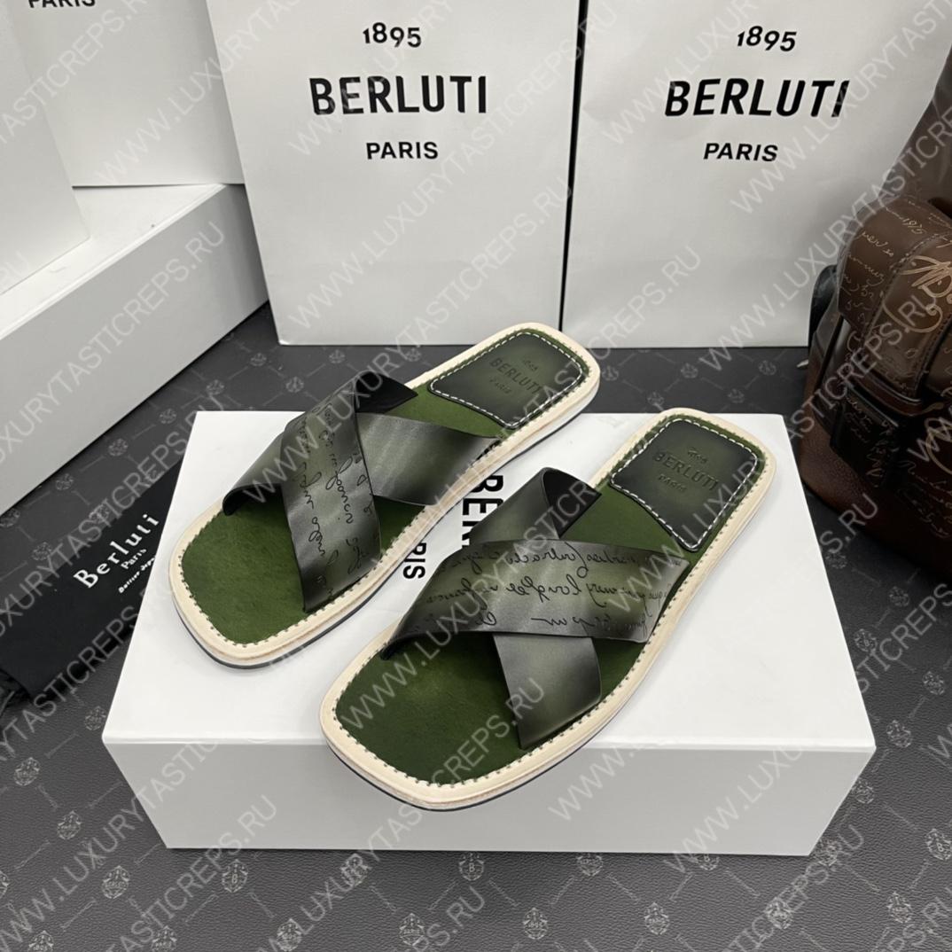 BERLUTI ELIO PATMOS LEATHER SANDALS OLIVE 811572