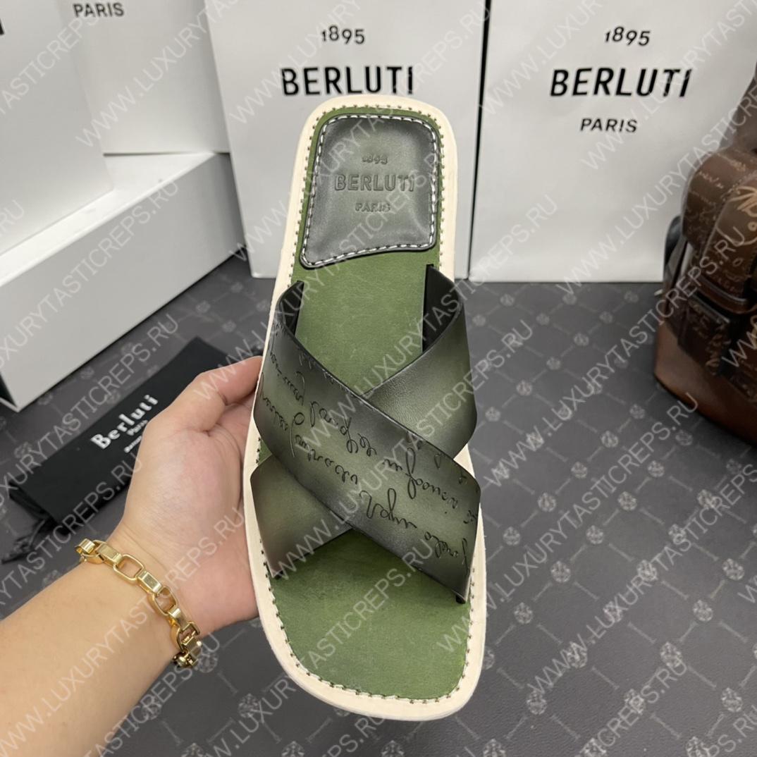 BERLUTI ELIO PATMOS LEATHER SANDALS OLIVE 811572