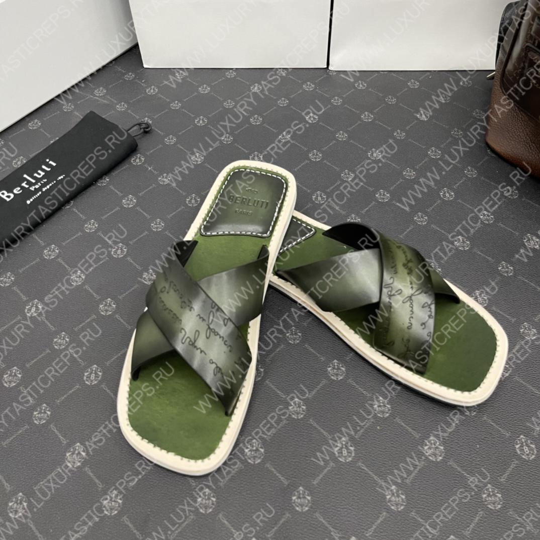 BERLUTI ELIO PATMOS LEATHER SANDALS OLIVE 811572