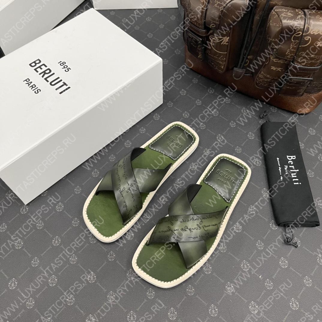 BERLUTI ELIO PATMOS LEATHER SANDALS OLIVE 811572