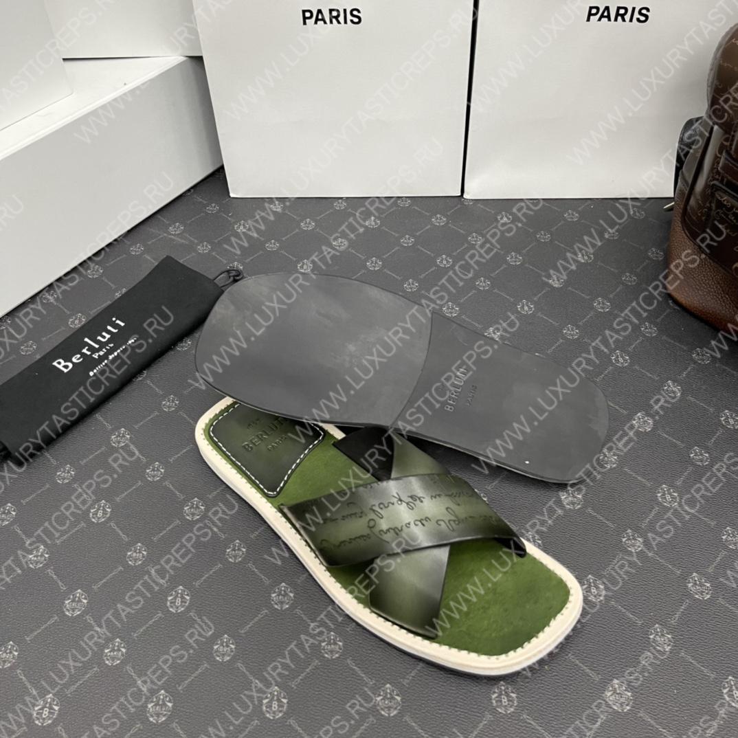 BERLUTI ELIO PATMOS LEATHER SANDALS OLIVE 811572