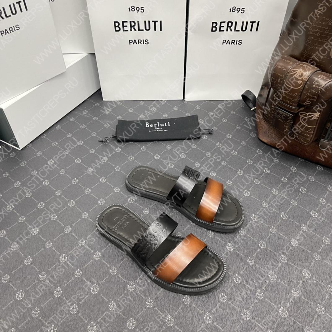 BERLUTI SIFNOS SCRITO LEATHER SANDAL BROWN & BLACK S5438-V33