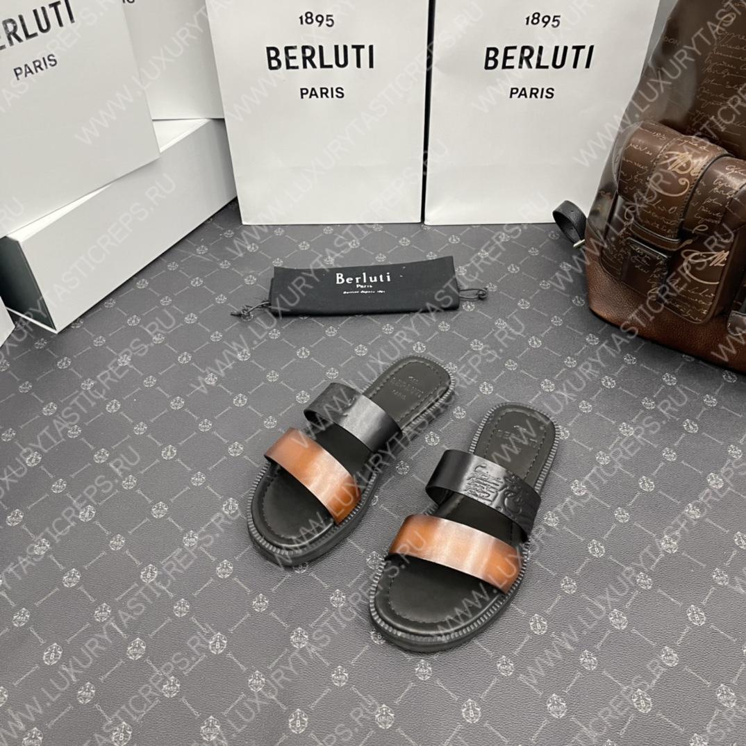 BERLUTI SIFNOS SCRITO LEATHER SANDAL BROWN & BLACK S5438-V33