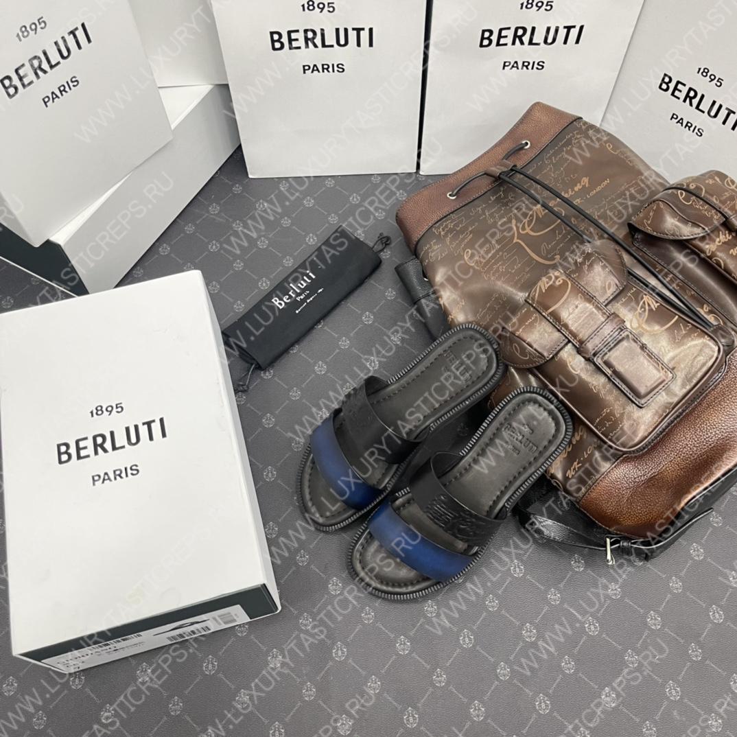 BERLUTI SIFNOS SCRITO LEATHER SANDAL BLUE & BLACK S5438-V33