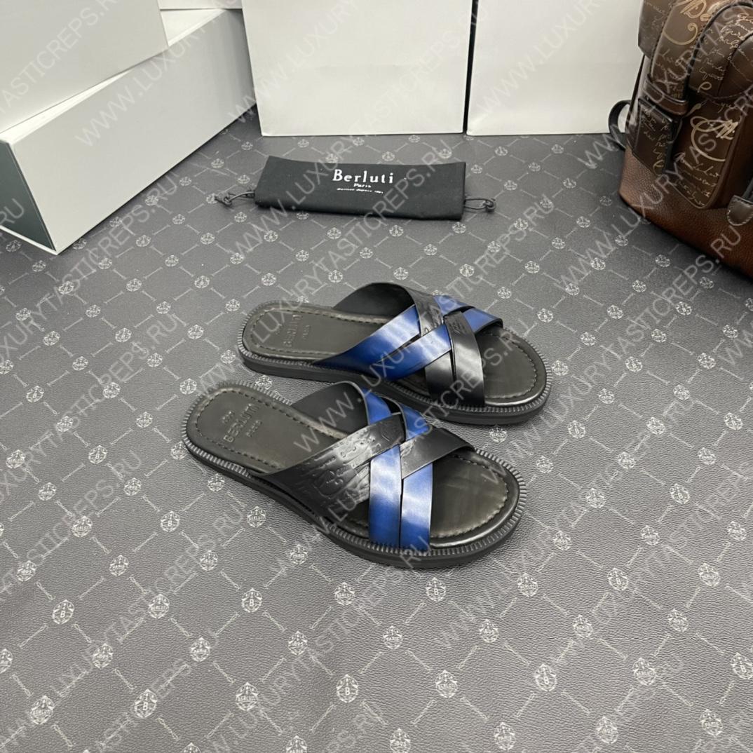 BERLUTI SIFNOS SCRITO LEATHER SANDAL BLACK & BLUE S5439-V33