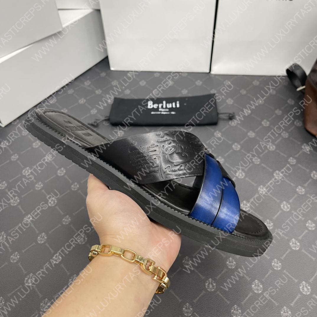 BERLUTI SIFNOS SCRITO LEATHER SANDAL BLACK & BLUE S5439-V33