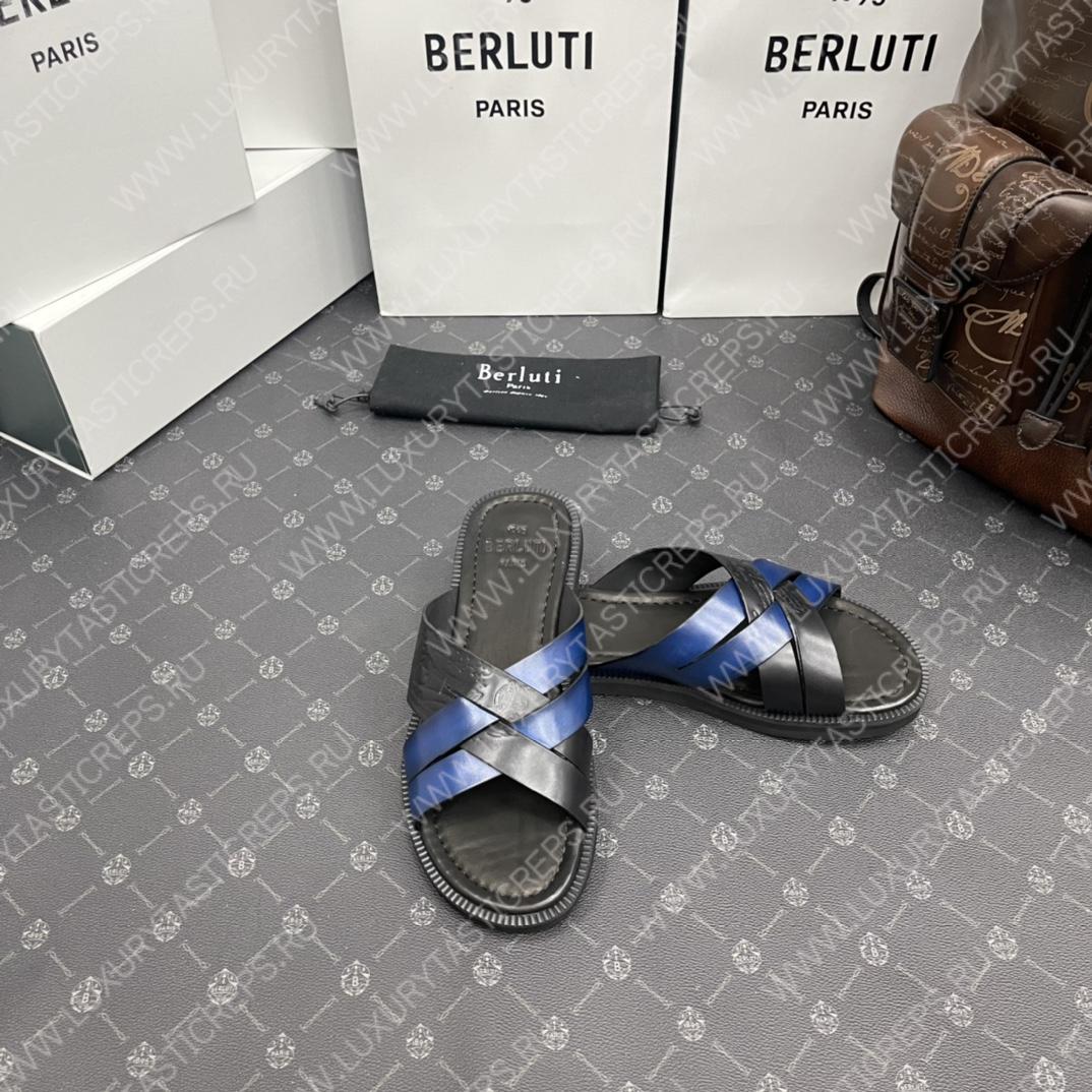 BERLUTI SIFNOS SCRITO LEATHER SANDAL BLACK & BLUE S5439-V33