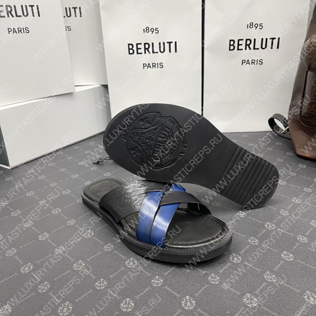 BERLUTI SIFNOS SCRITO LEATHER SANDAL BLACK & BLUE S5439-V33