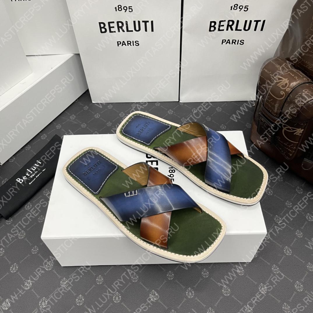 BERLUTI ELIO PATMOS LEATHER SANDALS BLUE/BROWN 811572