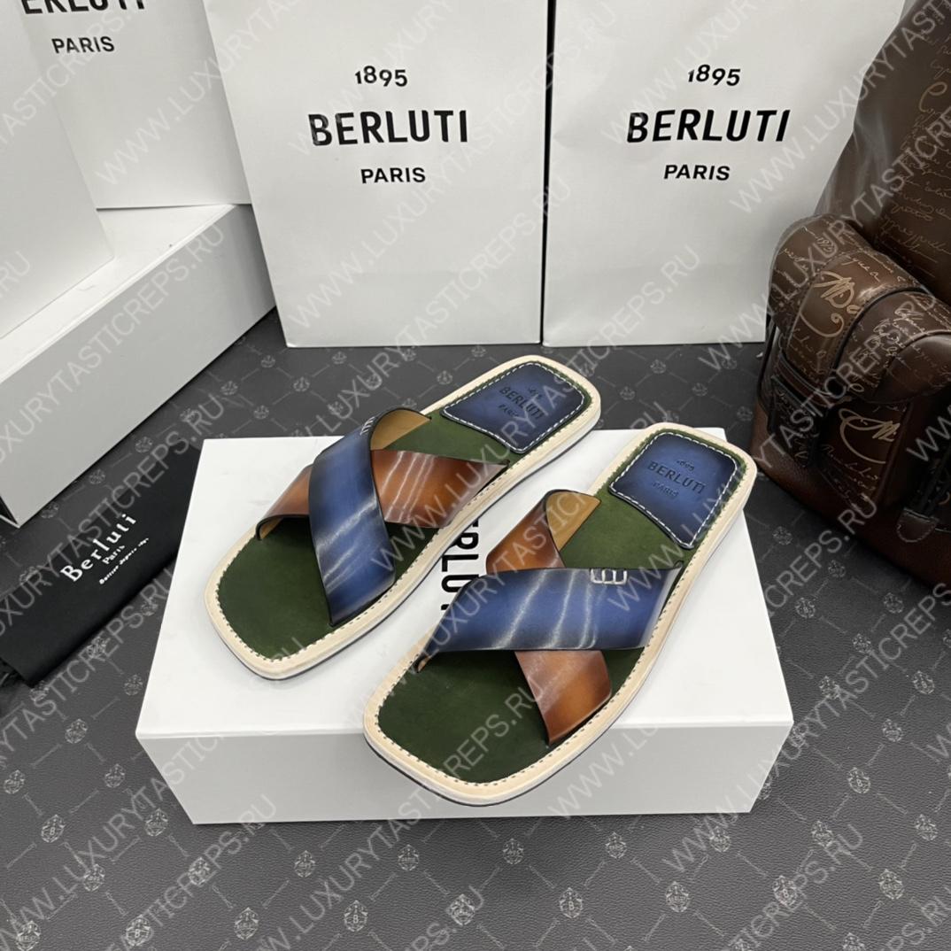 BERLUTI ELIO PATMOS LEATHER SANDALS BLUE/BROWN 811572