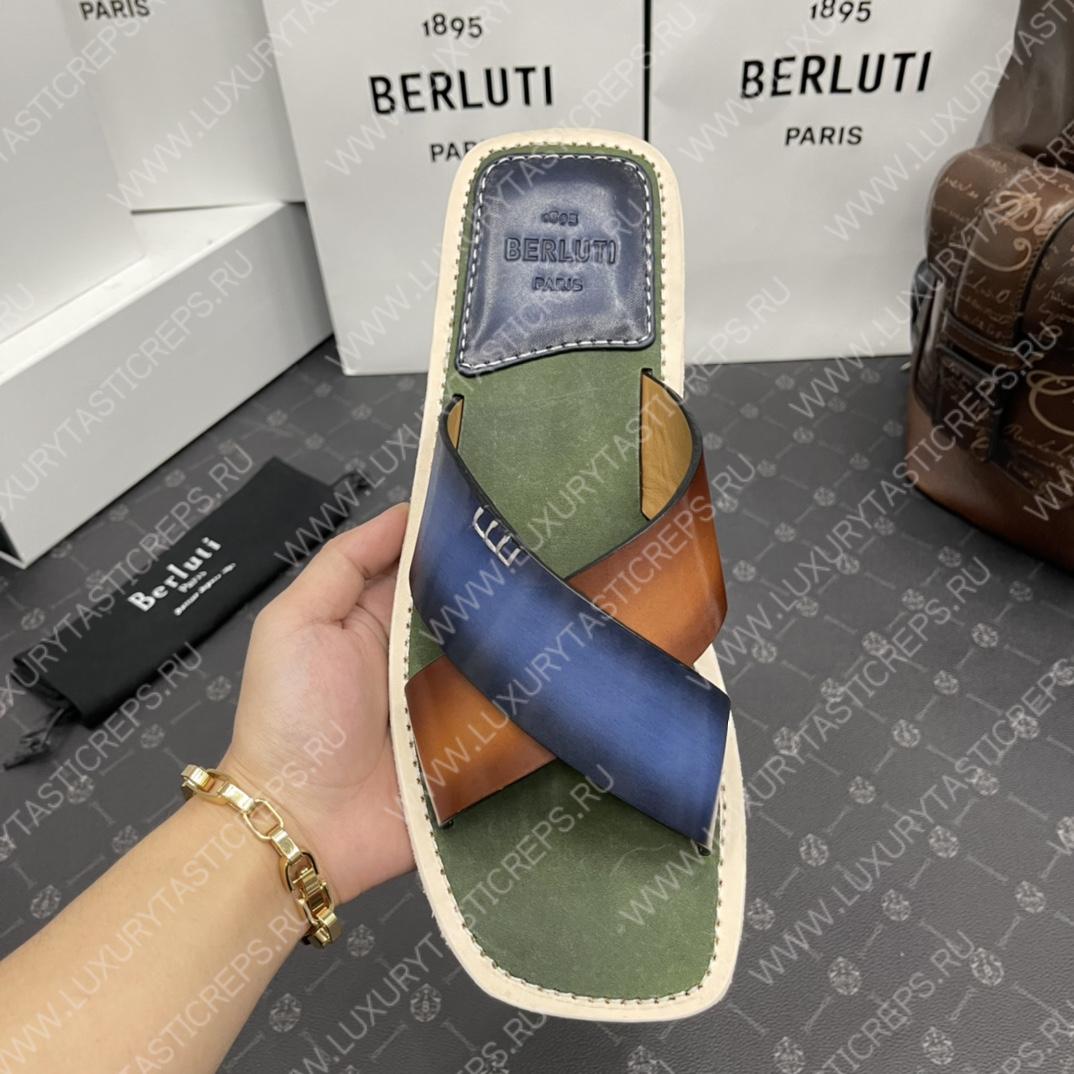 BERLUTI ELIO PATMOS LEATHER SANDALS BLUE/BROWN 811572