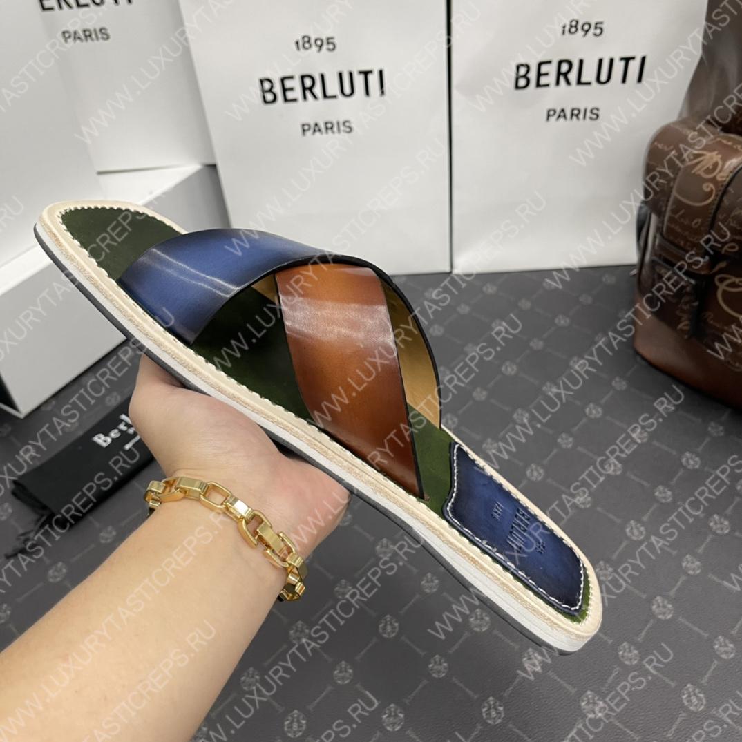 BERLUTI ELIO PATMOS LEATHER SANDALS BLUE/BROWN 811572