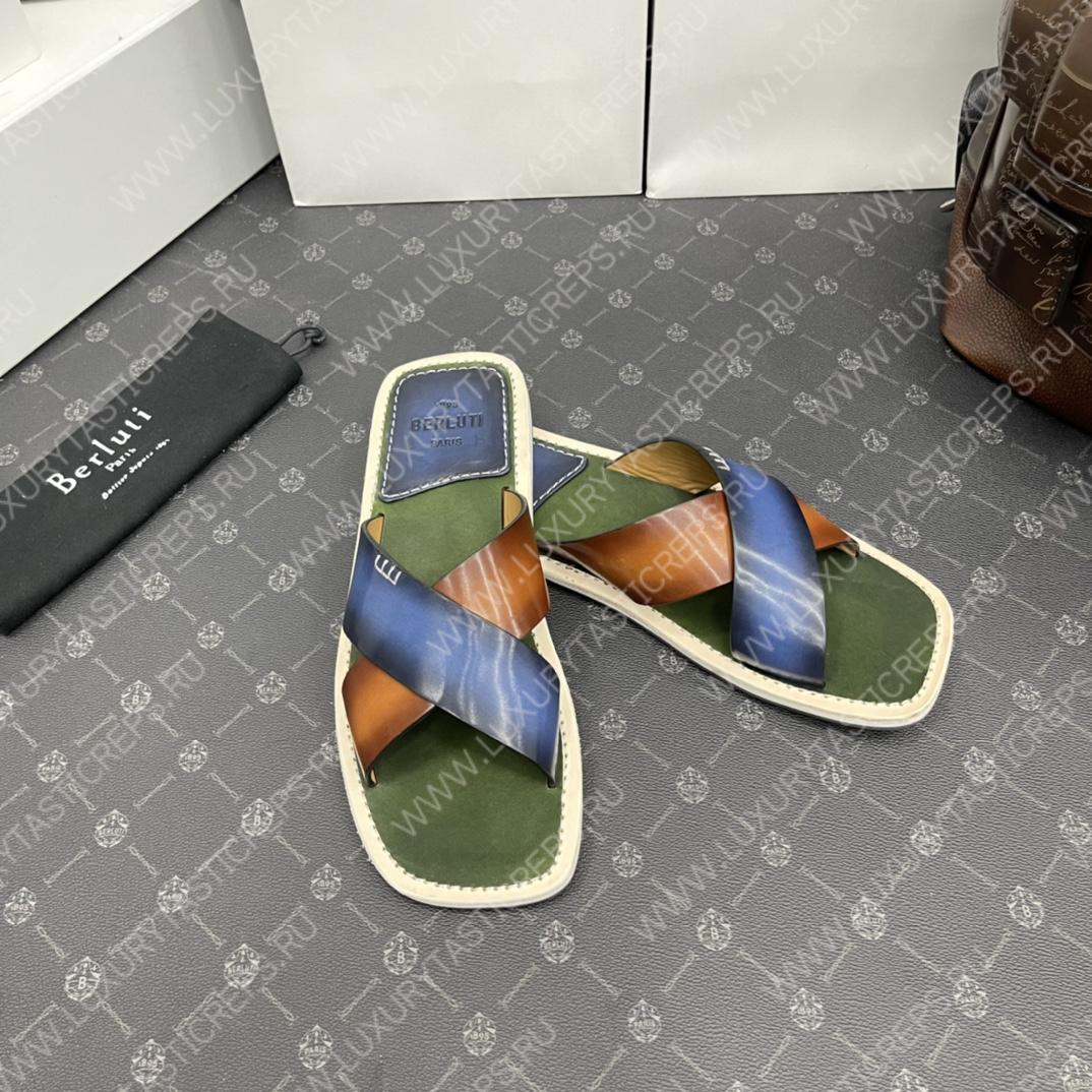 BERLUTI ELIO PATMOS LEATHER SANDALS BLUE/BROWN 811572