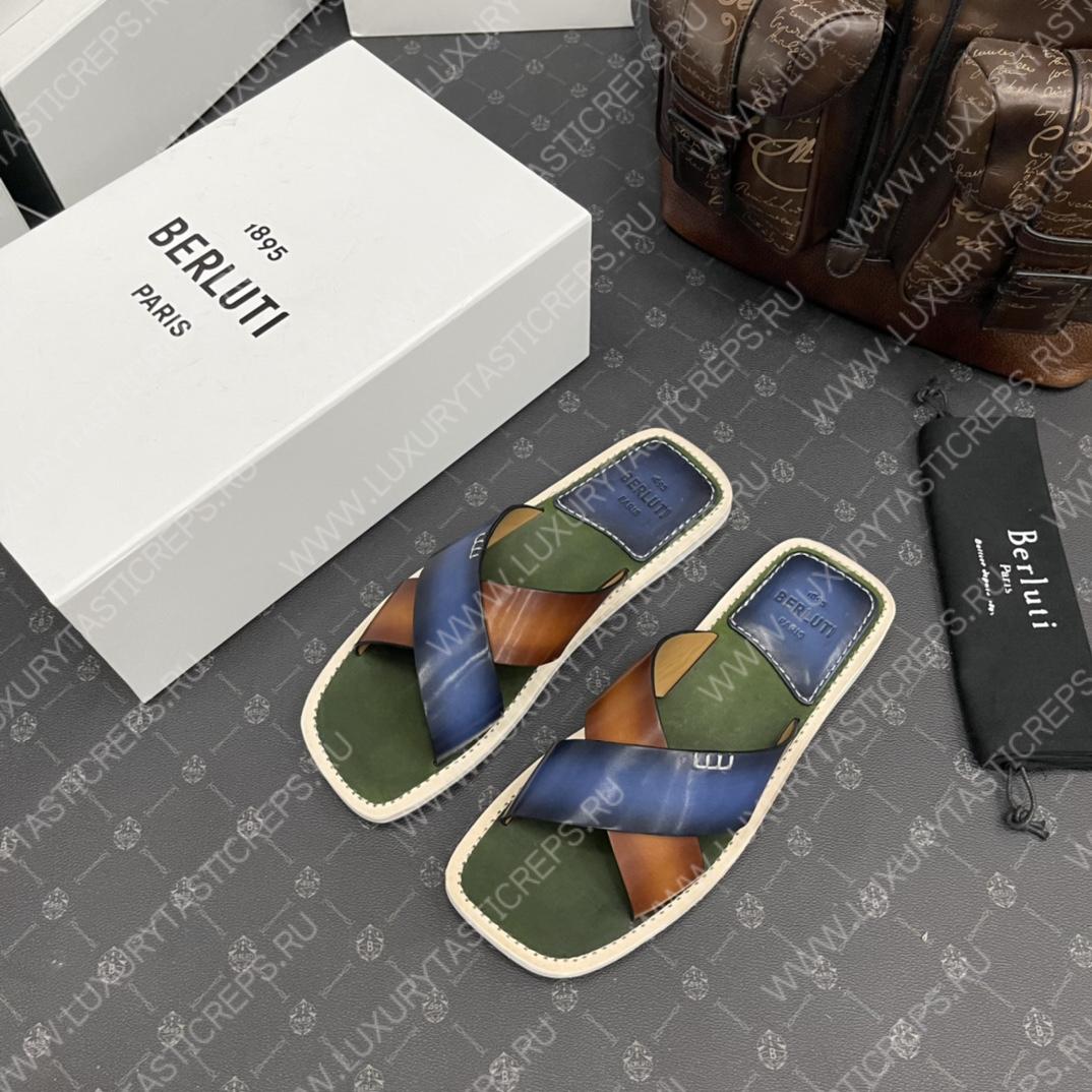 BERLUTI ELIO PATMOS LEATHER SANDALS BLUE/BROWN 811572