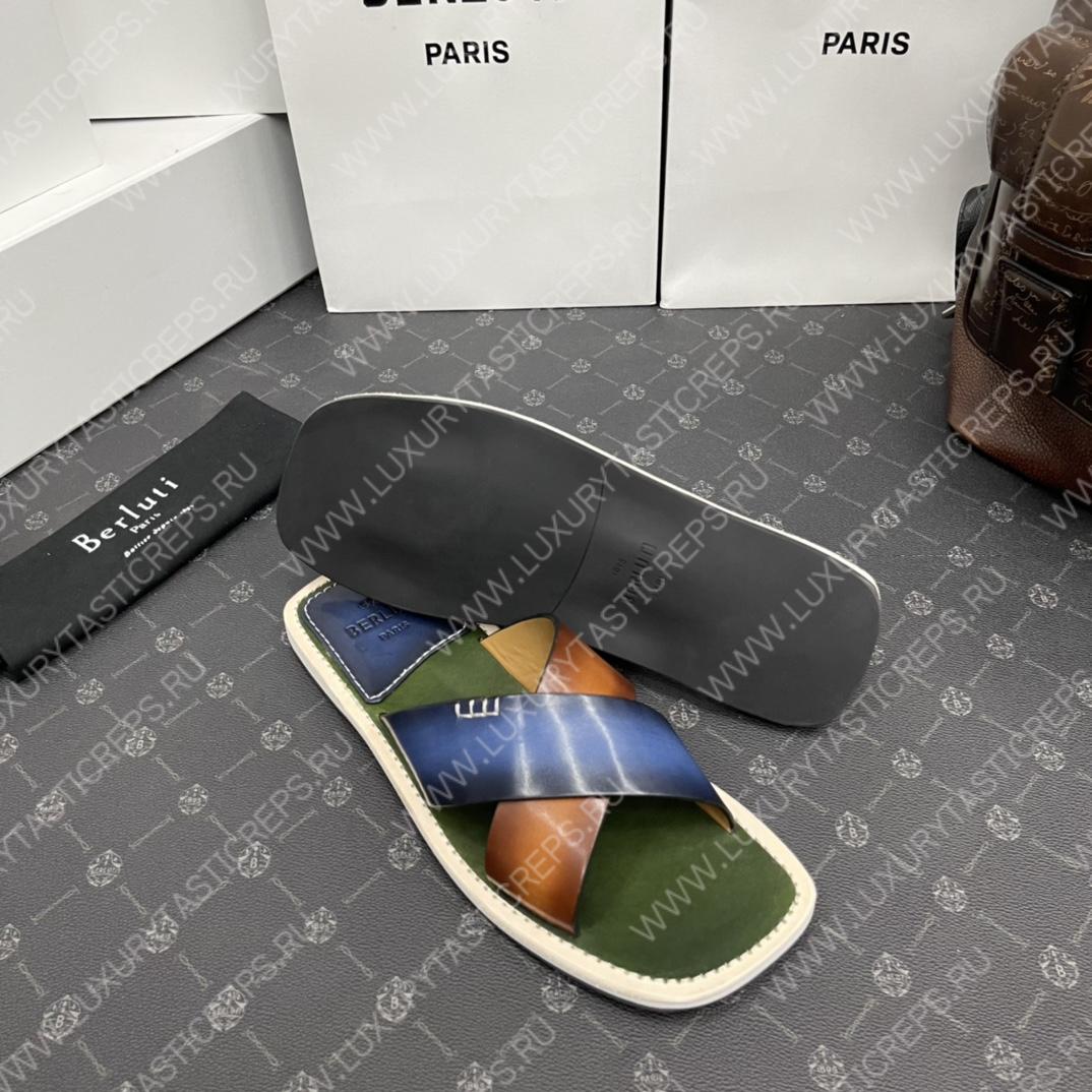 BERLUTI ELIO PATMOS LEATHER SANDALS BLUE/BROWN 811572