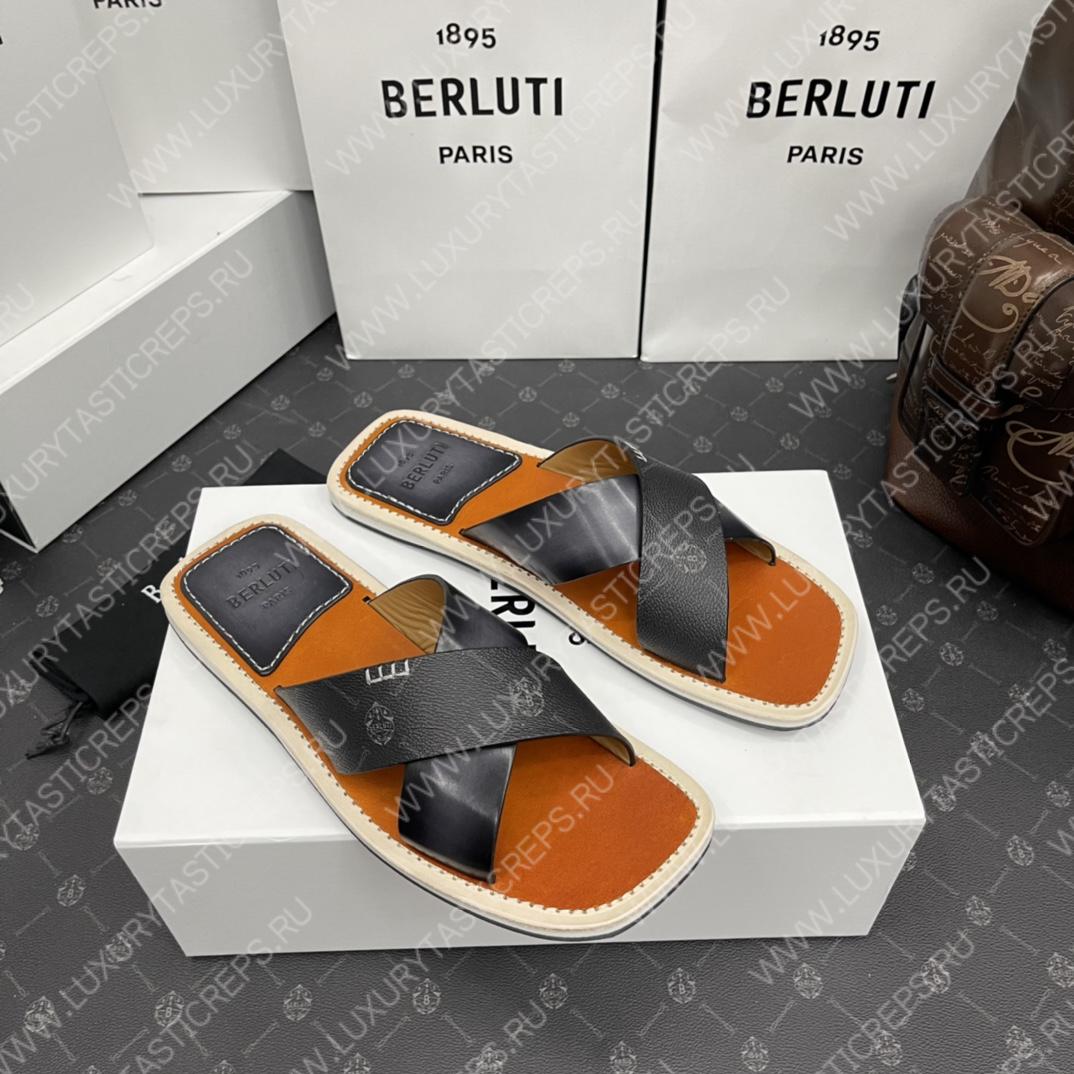 BERLUTI ELIO PATMOS LEATHER SANDALS GREY/ORANGE 811572